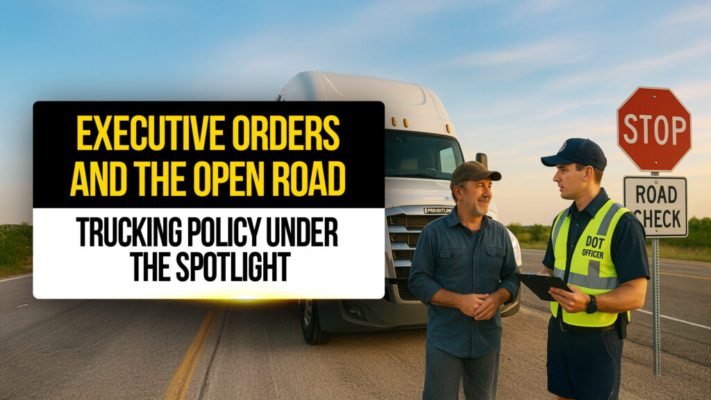 DOT officer talking with a truck driver at a roadside checkpoint with a stop sign and road check sign — representing executive orders, trucking policy, and regulatory enforcement on the open road.