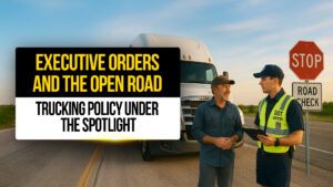 DOT officer talking with a truck driver at a roadside checkpoint with a stop sign and road check sign — representing executive orders, trucking policy, and regulatory enforcement on the open road.
