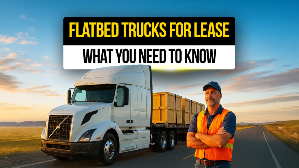 Professional truck driver standing confidently next to a white flatbed truck loaded with crates on an open highway at sunset — highlighting flatbed trucks for lease.