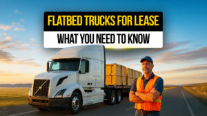 Professional truck driver standing confidently next to a white flatbed truck loaded with crates on an open highway at sunset — highlighting flatbed trucks for lease.