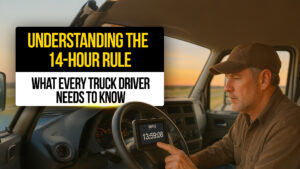 Truck driver in cab checking electronic log device showing hours driven — illustrating the 14-hour rule and what every truck driver needs to know about Hours of Service regulations.