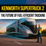 Driver standing proudly next to the futuristic Kenworth SuperTruck 2 on a highway at sunset, representing the future of fuel-efficient, aerodynamic trucking technology.