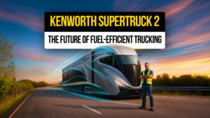 Driver standing proudly next to the futuristic Kenworth SuperTruck 2 on a highway at sunset, representing the future of fuel-efficient, aerodynamic trucking technology.