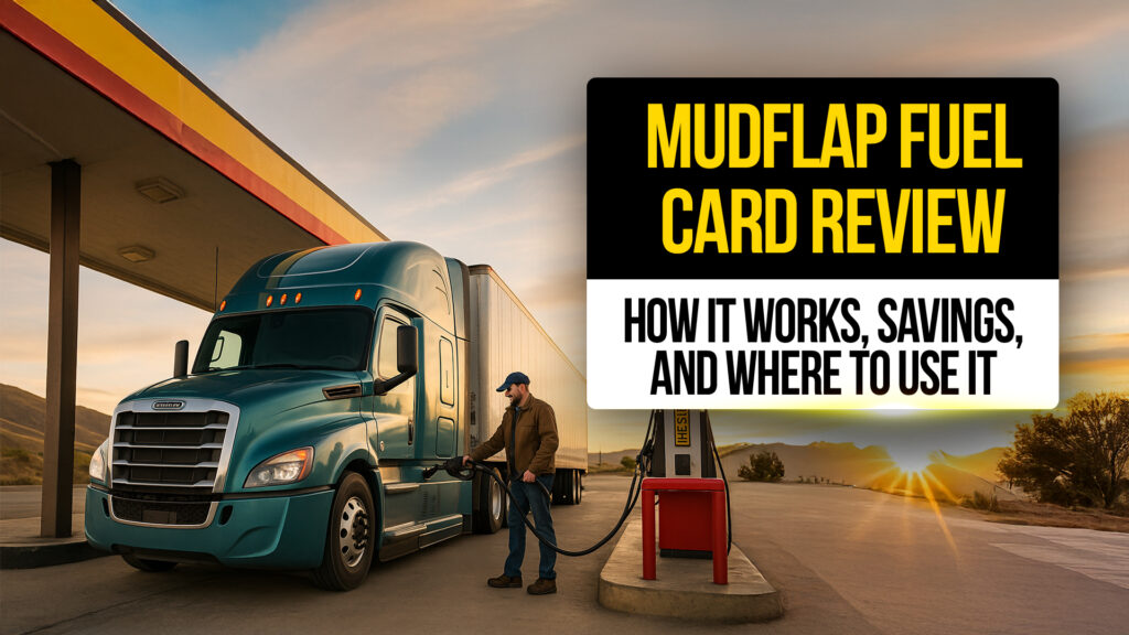Truck driver fueling a teal semi-truck at a fuel station during sunset — highlighting a Mudflap fuel card review including how it works, savings, and where to use it.