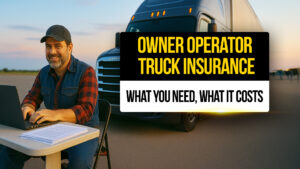Smiling truck driver using a laptop at a roadside table with insurance documents beside a semi-truck , representing a guide to owner operator truck insurance requirements and costs.