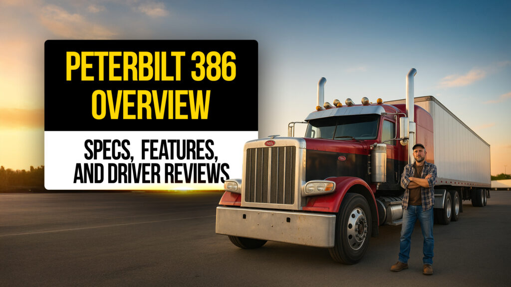 Truck driver standing confidently in front of a red Peterbilt 386 semi-truck with a trailer at sunset — highlighting the model’s specs, features, and driver reviews.