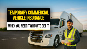 Truck driver in high-visibility vest holding paperwork in front of a white semi-truck — representing temporary commercial vehicle insurance and how to obtain it when needed.