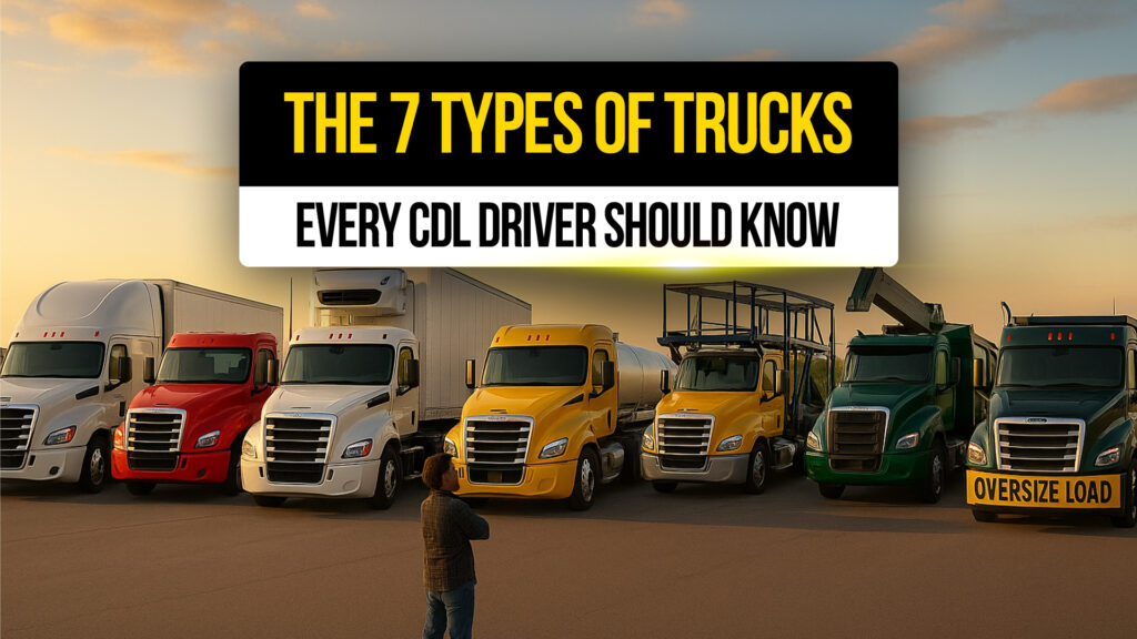 Lineup of seven different commercial trucks, including reefers, tankers, flatbeds, and oversized load haulers, with a CDL driver observing — representing the key types of trucks CDL drivers should know.