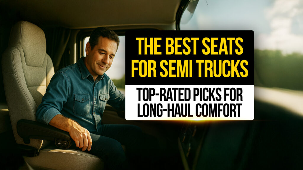 Smiling truck driver testing an ergonomic seat inside a semi truck cab — showcasing the best seats for semi trucks and top picks for long-haul driver comfort.