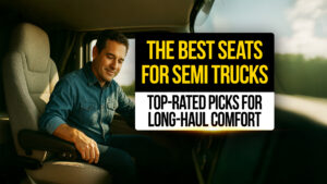 Smiling truck driver testing an ergonomic seat inside a semi truck cab — showcasing the best seats for semi trucks and top picks for long-haul driver comfort.