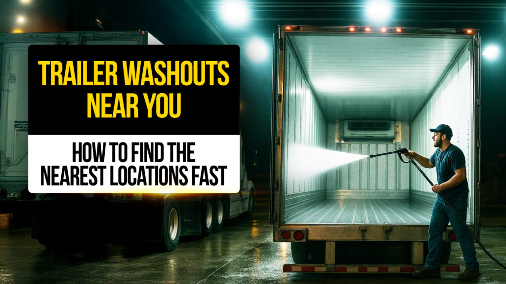Truck driver using a pressure washer to clean the inside of a refrigerated trailer at night — representing how to find nearby trailer washout locations quickly and efficiently.
