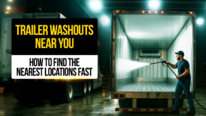 Truck driver using a pressure washer to clean the inside of a refrigerated trailer at night — representing how to find nearby trailer washout locations quickly and efficiently.
