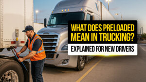 Truck driver in orange safety vest connecting air hoses between a tractor and a preloaded trailer — illustrating what ‘preloaded’ means in trucking for new drivers.