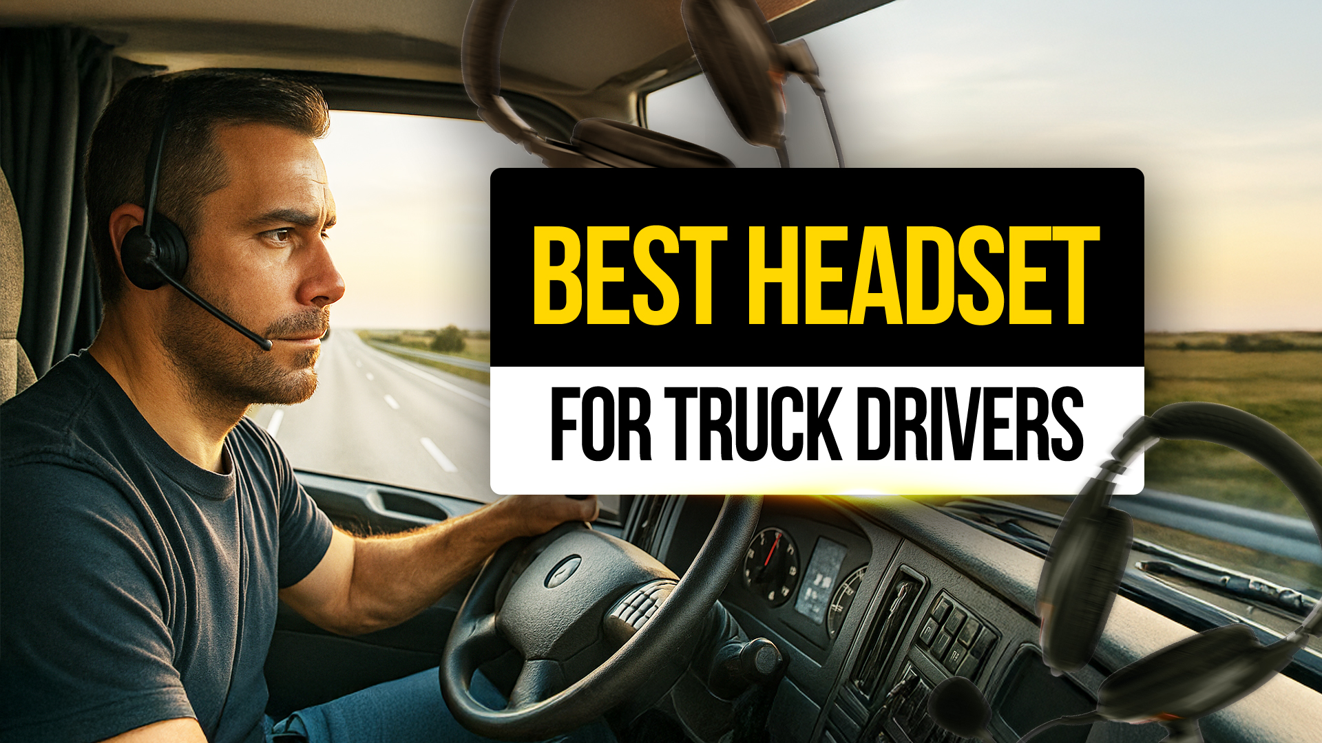 Focused truck driver wearing a wireless headset while driving on the highway — representing the best headsets for truck drivers to ensure safe, hands-free communication on the road.