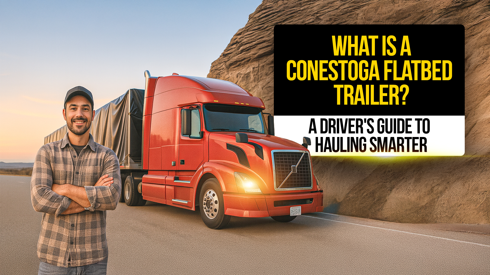 Smiling truck driver standing next to a red semi-truck pulling a Conestoga flatbed trailer with a sliding tarp system , showcasing a guide to smarter and more secure hauling solutions.