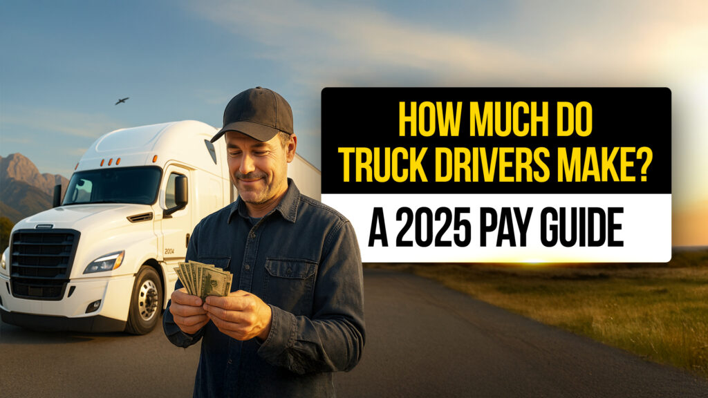 Smiling truck driver counting cash while standing next to a white semi-truck on the highway at sunset — illustrating a 2025 pay guide for how much truck drivers make.