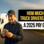 Smiling truck driver counting cash while standing next to a white semi-truck on the highway at sunset — illustrating a 2025 pay guide for how much truck drivers make.