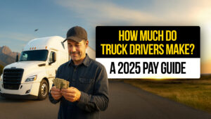 Smiling truck driver counting cash while standing next to a white semi-truck on the highway at sunset — illustrating a 2025 pay guide for how much truck drivers make.