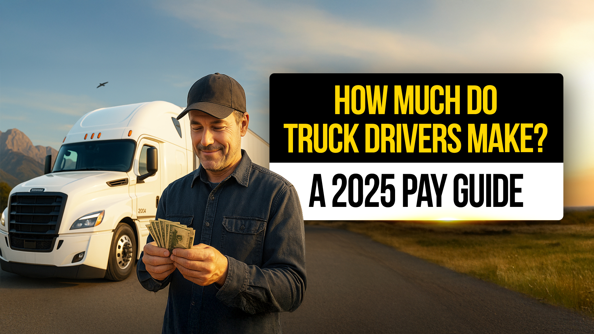 Smiling truck driver counting cash while standing next to a white semi-truck on the highway at sunset — illustrating a 2025 pay guide for how much truck drivers make.