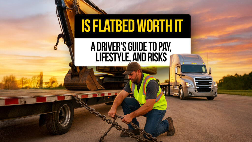Truck driver securing heavy equipment on a flatbed trailer at sunset, showcasing the pay, lifestyle, and risks of flatbed trucking jobs.