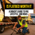 Truck driver securing heavy equipment on a flatbed trailer at sunset, showcasing the pay, lifestyle, and risks of flatbed trucking jobs.