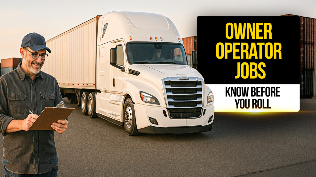Smiling truck driver with clipboard standing beside a white semi-truck and trailer in a freight yard , representing owner operator job opportunities and key information drivers should know before starting.