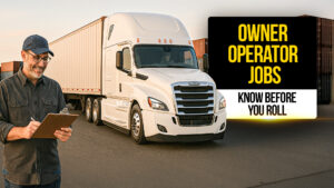 Smiling truck driver with clipboard standing beside a white semi-truck and trailer in a freight yard , representing owner operator job opportunities and key information drivers should know before starting.