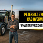 ruck driver standing confidently in front of a black Peterbilt 379 day cab with chrome stacks and classic grille , highlighting a detailed overview of the truck’s performance, build, and features.