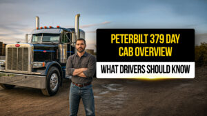 ruck driver standing confidently in front of a black Peterbilt 379 day cab with chrome stacks and classic grille , highlighting a detailed overview of the truck’s performance, build, and features.