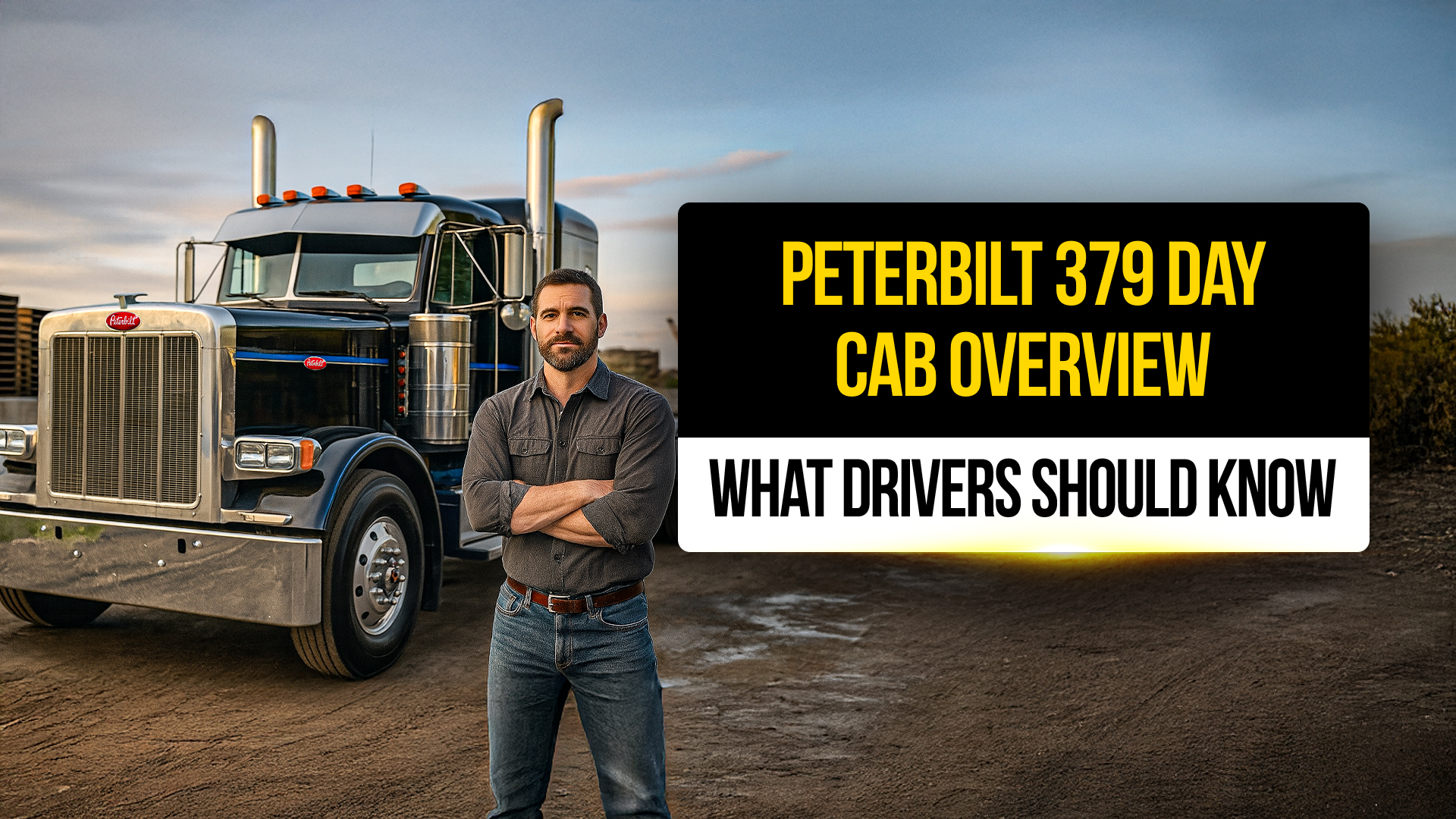 ruck driver standing confidently in front of a black Peterbilt 379 day cab with chrome stacks and classic grille , highlighting a detailed overview of the truck’s performance, build, and features.
