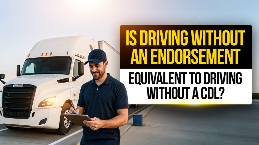 Smiling truck driver in a navy polo and cap holding a clipboard, standing in front of a white Freightliner semi-truck. Text overlay reads: "Is Driving Without an Endorsement Equivalent to Driving Without a CDL?"