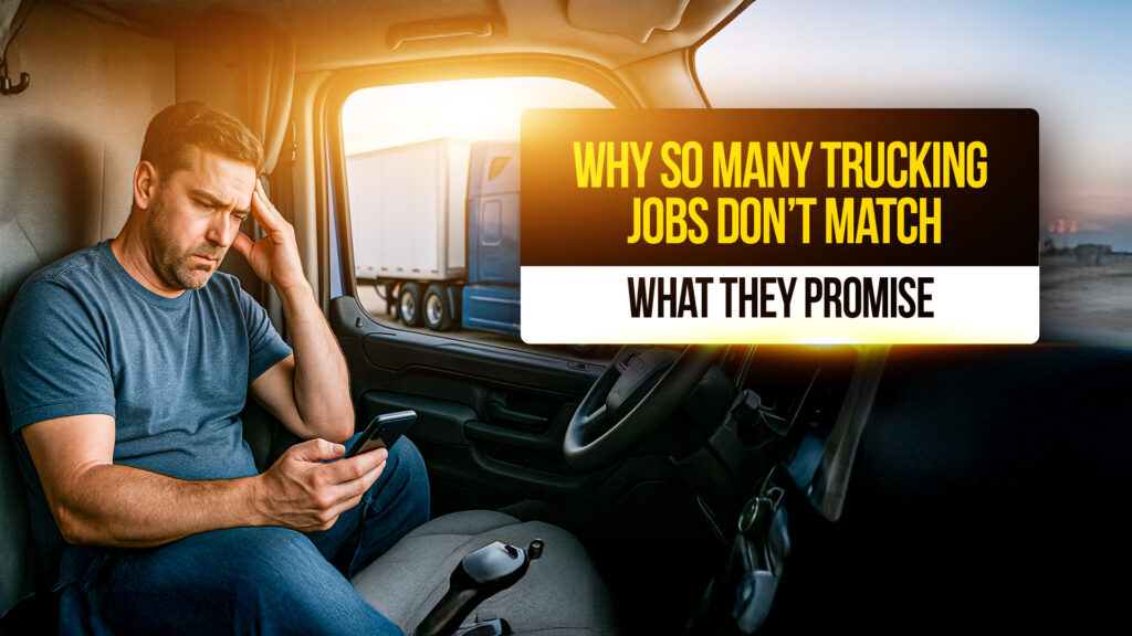 Frustrated truck driver sitting in cab, looking at phone, highlighting why trucking jobs often don’t match their promises.