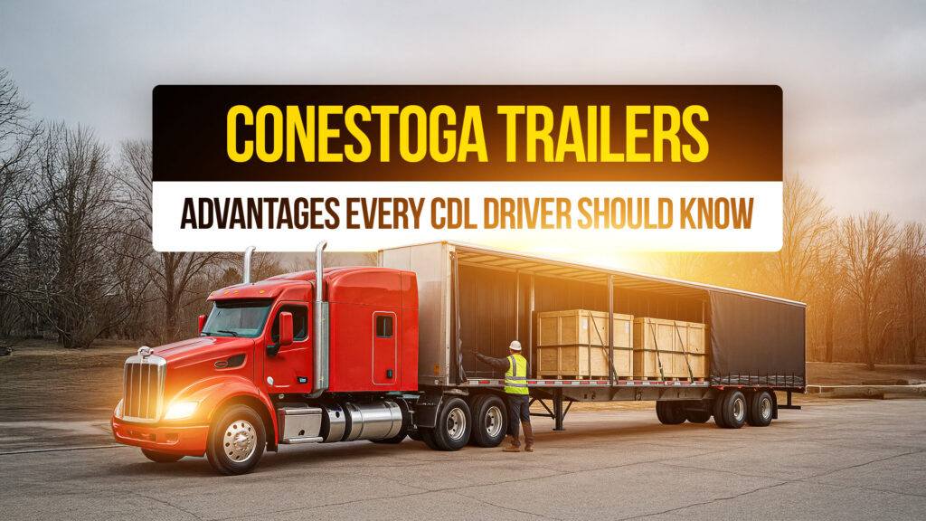 Red semi-truck with a Conestoga trailer being loaded with large wooden crates, with text overlay highlighting “Conestoga Trailers – Advantages Every CDL Driver Should Know.”