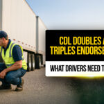 CDL truck driver inspecting the front wheel of a semi-truck with a double trailer — representing a guide to doubles and triples endorsement requirements and safety checks.
