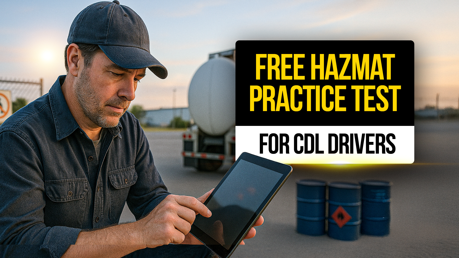 CDL truck driver studying for a hazmat endorsement using a tablet near a tanker truck and labeled hazardous material drums , promoting a free hazmat practice test.