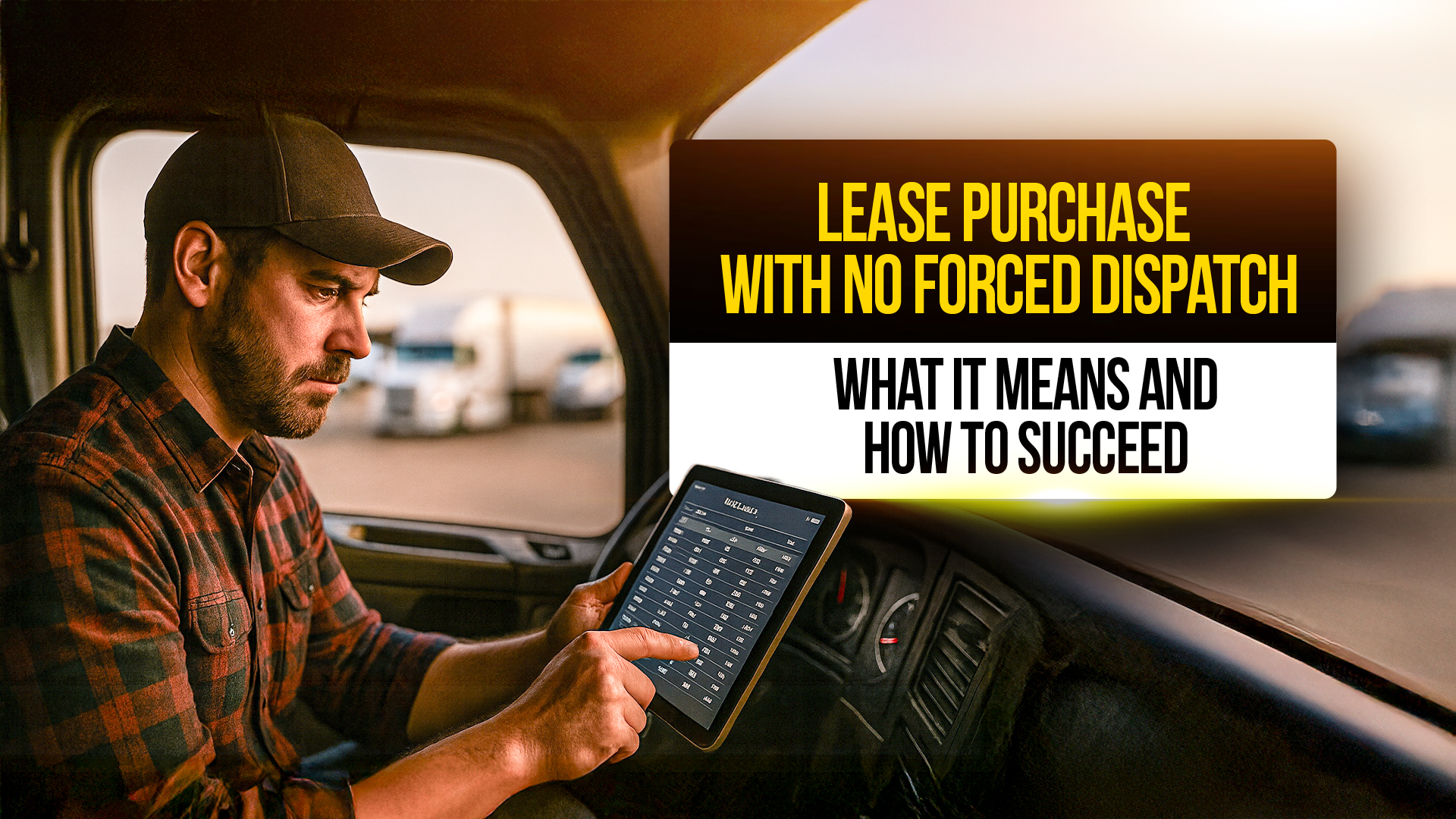 Truck driver in cab using a tablet with text overlay "Lease Purchase with No Forced Dispatch – What It Means and How to Succeed," highlighting flexibility and independence in trucking careers.