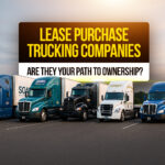 Lineup of lease purchase trucking company semi-trucks parked on open lot with bold text asking if lease purchase programs are the path to ownership."