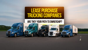 Lineup of lease purchase trucking company semi-trucks parked on open lot with bold text asking if lease purchase programs are the path to ownership."