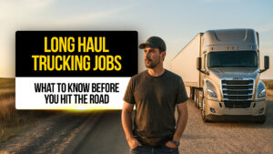Truck driver standing on a rural highway in front of a silver semi-truck with a trailer , representing long haul trucking jobs and what drivers should know before getting started.