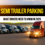 Row of semi-trucks parked in a lot at sunset, with a red semi-truck pulling in , representing 2025 updates and tips for semi trailer parking regulations and best practices.