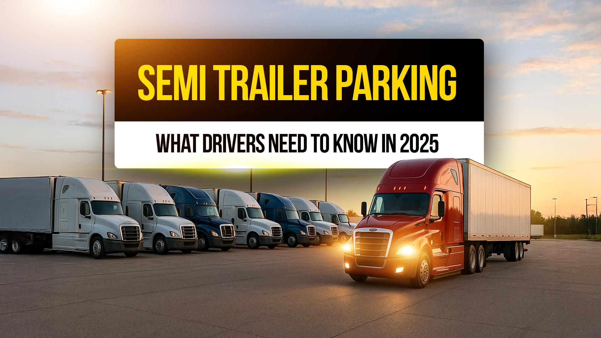 Row of semi-trucks parked in a lot at sunset, with a red semi-truck pulling in , representing 2025 updates and tips for semi trailer parking regulations and best practices.