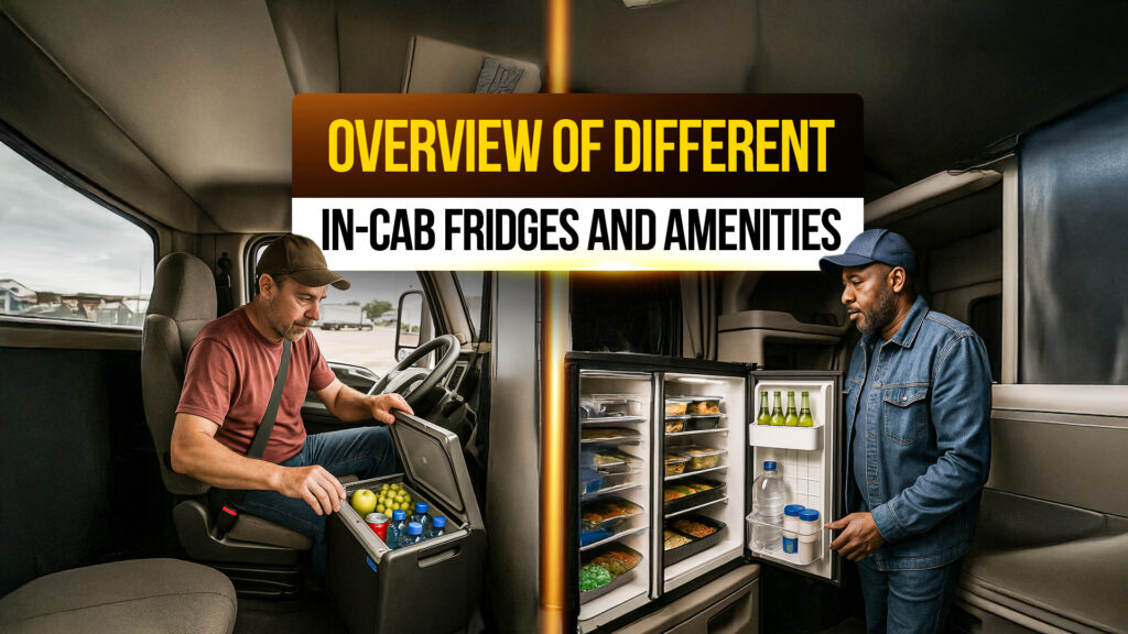 Two truck drivers using different in-cab refrigerator setups inside semi truck cabins, showcasing compact and full-size fridge options with food and beverages for long-haul comfort.