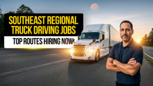 A confident truck driver stands in front of a white semi-truck at sunset with bold text reading "Southeast Regional Truck Driving Jobs – Top Routes Hiring Now," highlighting opportunities for CDL drivers in regional routes.
