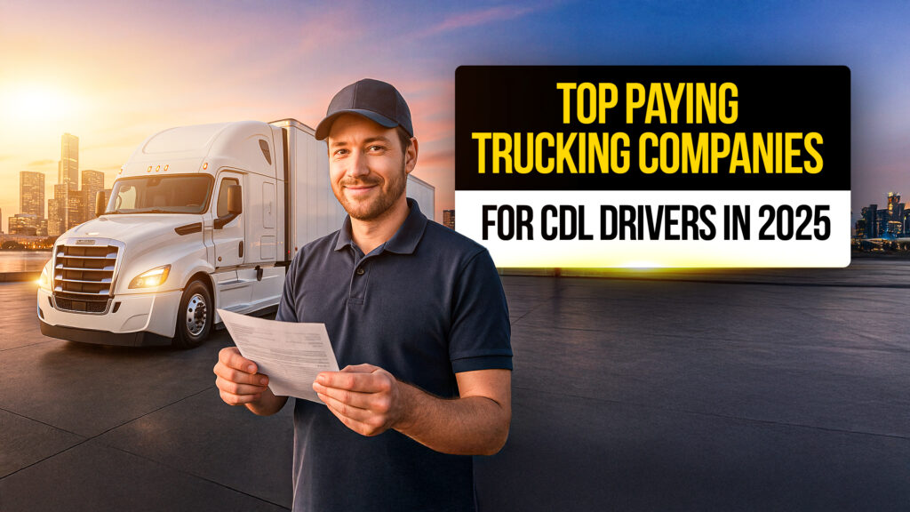 Smiling CDL driver holding a paycheck in front of a modern semi-truck, with a city skyline at sunset in the background, alongside bold text reading “Top Paying Trucking Companies for CDL Drivers in 2025.”
