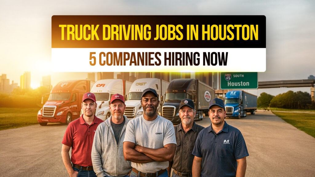 Group of truck drivers standing confidently in front of semi-trucks from top trucking companies in Houston, highlighting CDL job opportunities.