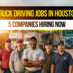 Group of truck drivers standing confidently in front of semi-trucks from top trucking companies in Houston, highlighting CDL job opportunities.