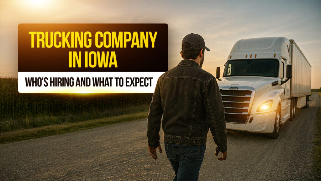 A truck driver walks toward a white semi-truck parked on a rural gravel road at sunset, with bold text reading “Trucking Company in Iowa – Who’s Hiring and What to Expect” overlaid on the left side of the image.