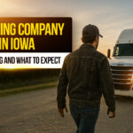 A truck driver walks toward a white semi-truck parked on a rural gravel road at sunset, with bold text reading “Trucking Company in Iowa – Who’s Hiring and What to Expect” overlaid on the left side of the image.