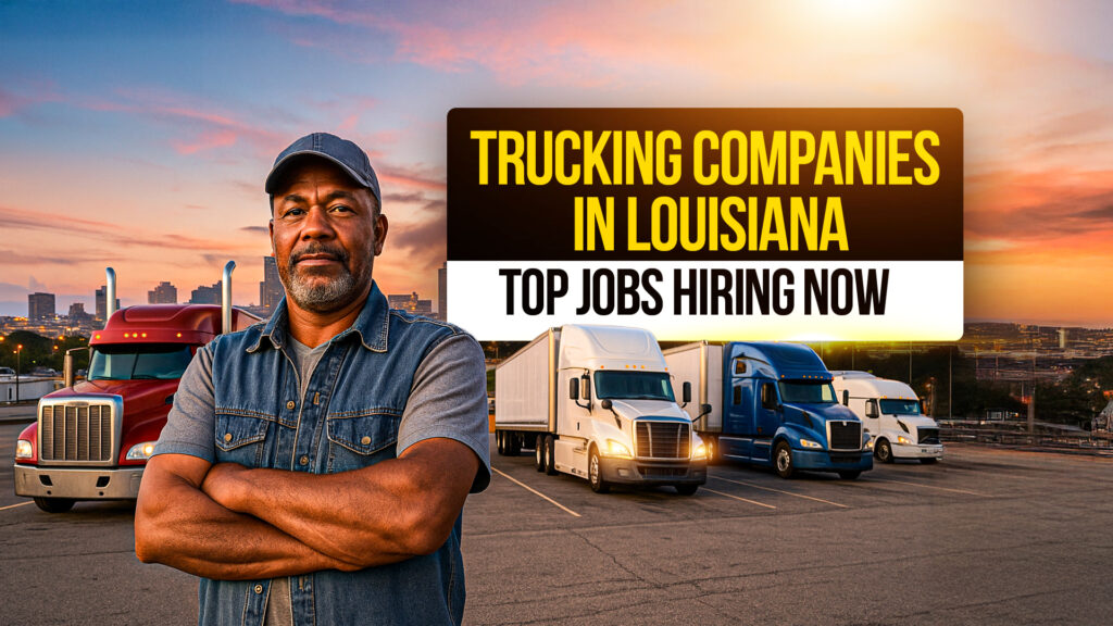 Confident African American truck driver standing with arms crossed in front of red, white, and blue semi-trucks in Louisiana, with city skyline at sunset, representing top trucking companies hiring now.