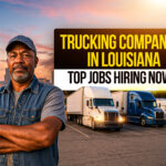 Confident African American truck driver standing with arms crossed in front of red, white, and blue semi-trucks in Louisiana, with city skyline at sunset, representing top trucking companies hiring now.